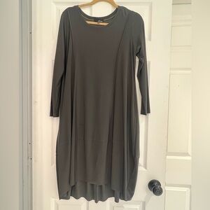 Flattering dress in khaki green color. Comfortable, light and in a great length